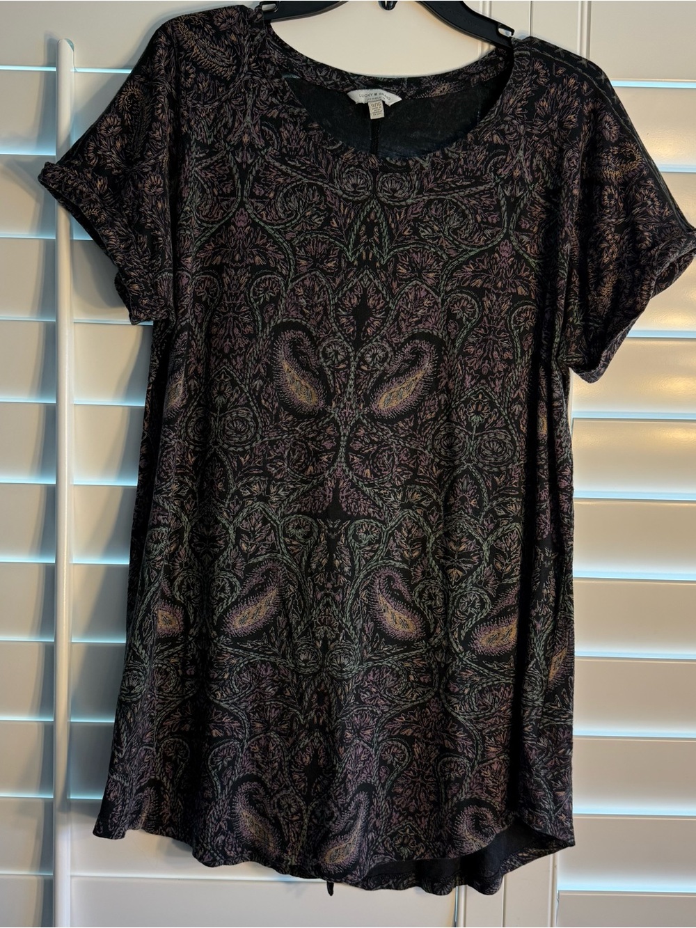 Lucky Brand Black Tunic with Purple and Green Paisley Accents